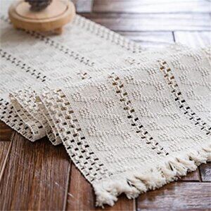 Boho Macrame Table Runner Cream Beige Tassel Cotton Rustic Farmhouse Dining Deco